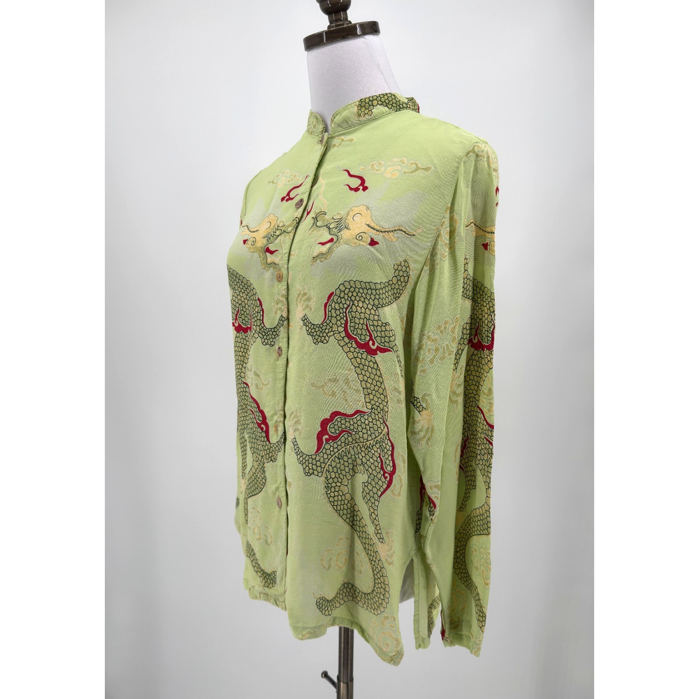 Citron Santa Monica Lime Green Chinese Dragon Graphic Button Up Blouse Top Sz M - Picture 2 of 4